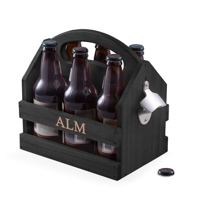 Bey-Berk Personalized Solid Wood Beer Caddy (Black), Six-Pack Bottle Carrier with Curved Handle, Built-in Bottle Opener and Custom Laser Etched Front
