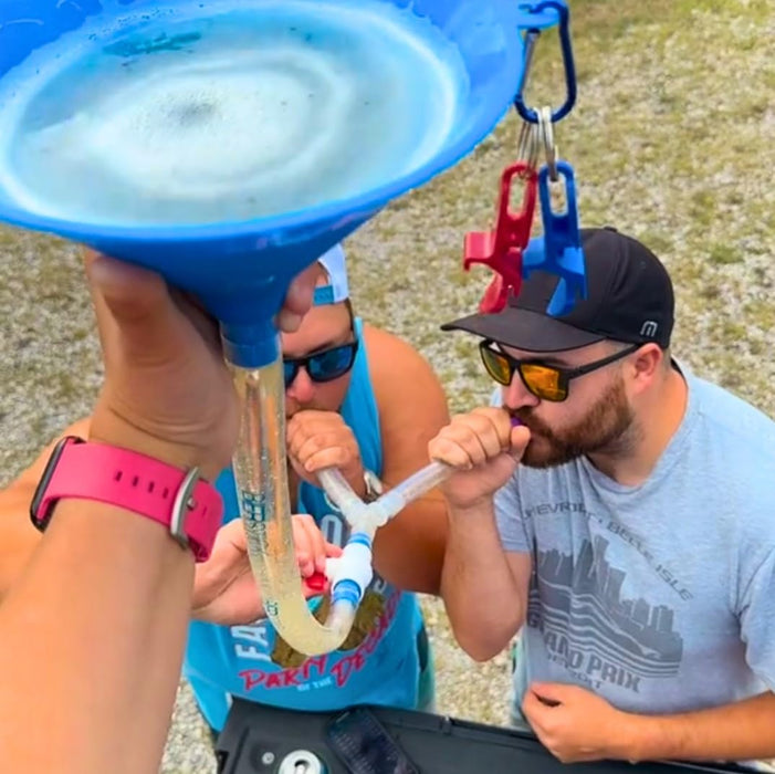Beer Bong Tube and Funnel - with Valve, Optional Single or Double Header Y-Attachment, 5 Interchangeable Mouthpieces, Shotgun Keychain Tool - Kink-Free Hose for Bierstick Beerbong (Blue)