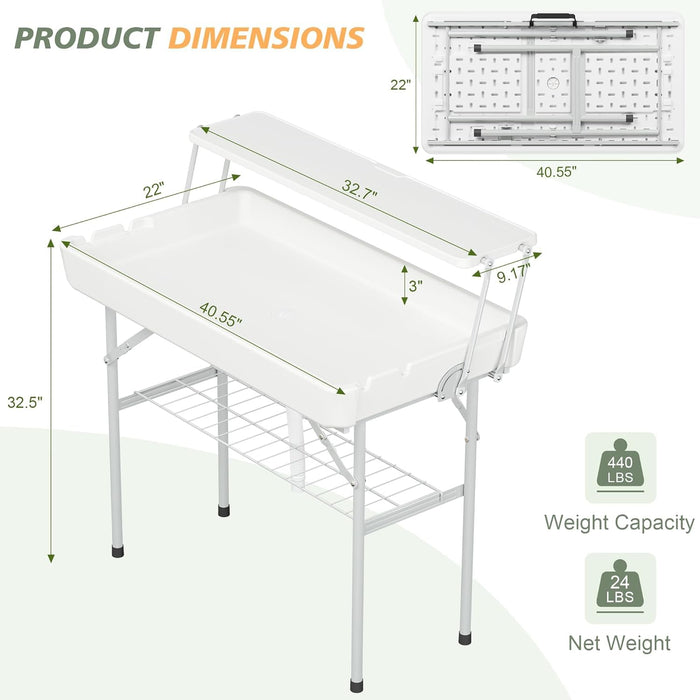 LHBcraft Folding Party Ice Cooler Table with Extra Storage Shelf, Portable Tailgate Camp Fishing Cleaning Table, Ice Cooler with Removable Skirt & Drain Hose, Cooler for Camping, Picnic,BBQ, White