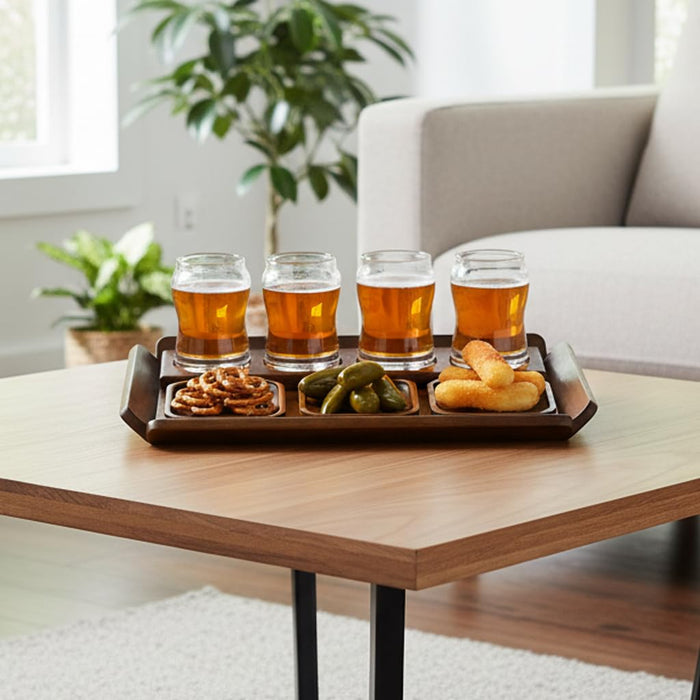Shanik Wooden Beer Flight Paddle Tray Set with 4 Glasses & Coasters – Rustic Tasting Flight Board – Craf Sampler Set for Home Bar, Birthday Gift for Beer Lovers, Men’s Gift Ideas