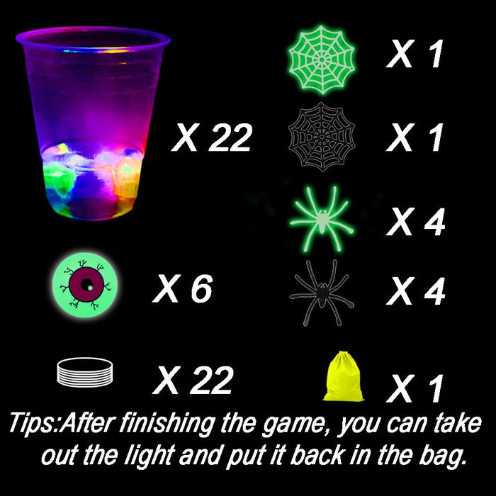 (Flash Color) The Halloween Glow in the Dark Beer Pong Set-Light up Beer Pong Cups for Indoor Outdoor Nighttime Competitive Fun,22 Glowing Cups, 6 Balls- Party Game
