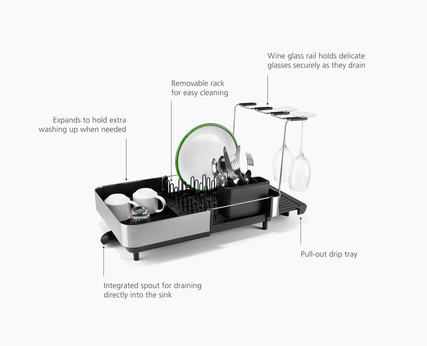 Joseph Joseph Extend Steel Plus Extendable Dish Rack Steel, Small to Large Dish Drainer with Wine Glass Holder & Drain Spout, Black