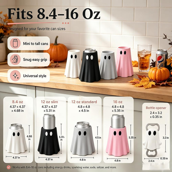 Ghost Can Holder, Halloween Ghost Figurine Table Decor, Cute Ghost Drink Cooler Sleeve with Bottle Opener, Universal Beverage Holder for Slim Cans, Spooky Party Decor (Black, 12 oz Standard)