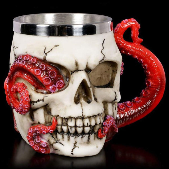Skull Mug Parasite Octopus Beer Coffee Mugs with Tentacle Handle, Stainless Steel and Resin Tankard Skeleton Cranium Skull Beverage Drinking Cup for Ossuary Macabre Halloween Decorative Accent
