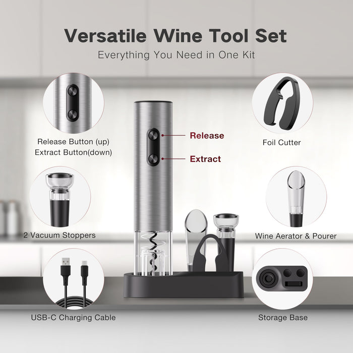 BABONIR 6-in-1 Electric Wine Opener Gift Set, Stainless Steel Automatic Corkscrew with Foil Cutter, Vacuum Stopper, Aerator Pourer and Storage Base, Rechargeable Bottle Opener Gift Kit for Home Party