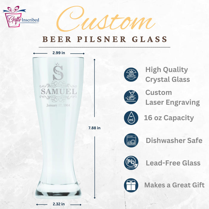 Gifts Inscribed Personalized Pilsner Beer Glass 16 oz – Engraved Tall Pint Glass Custom Designs – Unique Beer Gift for Men, Dad, Groomsmen, Weddings, Birthdays, Father’s Day