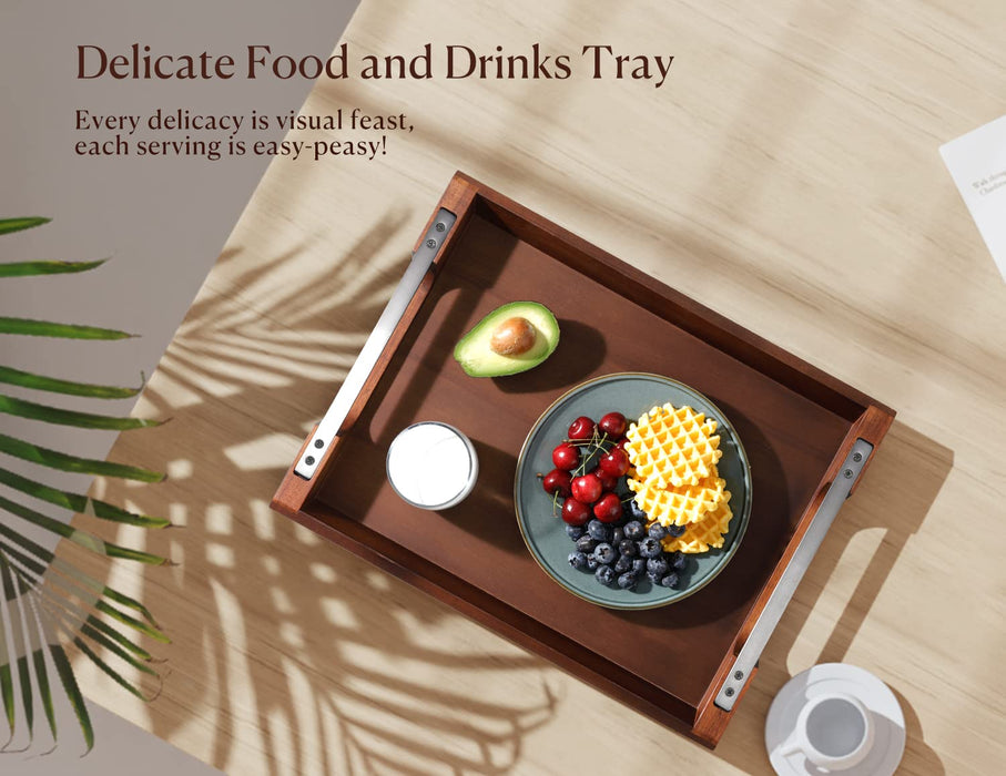 Dofira Acacia Wood Serving Tray with Metal Handles, 17x13in Food Drinks Tray for Coffee Table, Breakfast, Dinner & Bar, Rustic Decorative Storage Tray for Ottoman, Kitchen, Elegent Gift Packaging