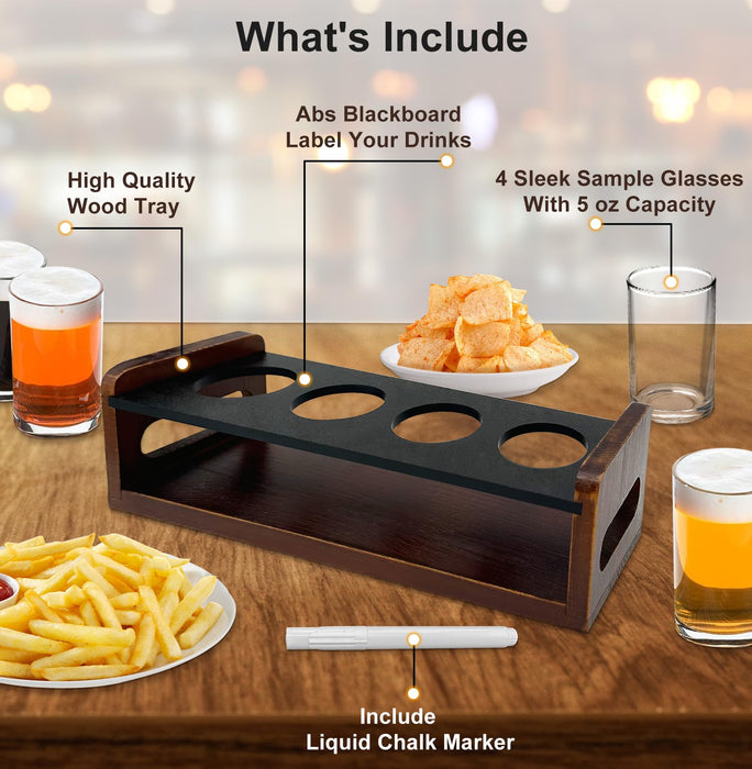 Beer Flight Boards with 4 Glasses 5oz,Wine Flight Tasting Set Tequila Margarita Whiskey Flight Board Wood Drink Serving Tray Shot Glass Holder with Erasable Chalkboard for Men Beer