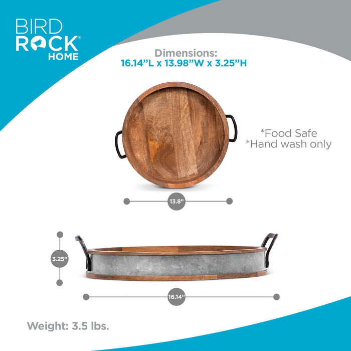 BIRDROCK HOME Round Wood Serving Tray with Handles and Iron Accents, 16”