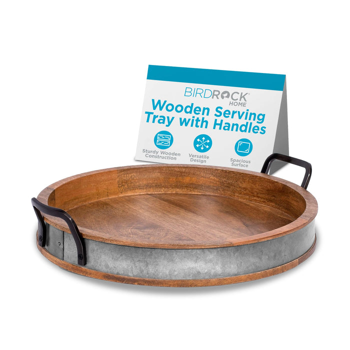 BIRDROCK HOME Round Wood Serving Tray with Handles and Iron Accents, 16”
