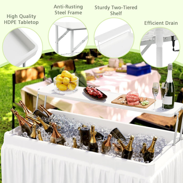 LHBcraft Folding Party Ice Cooler Table with Extra Storage Shelf, Portable Tailgate Camp Fishing Cleaning Table, Ice Cooler with Removable Skirt & Drain Hose, Cooler for Camping, Picnic,BBQ, White