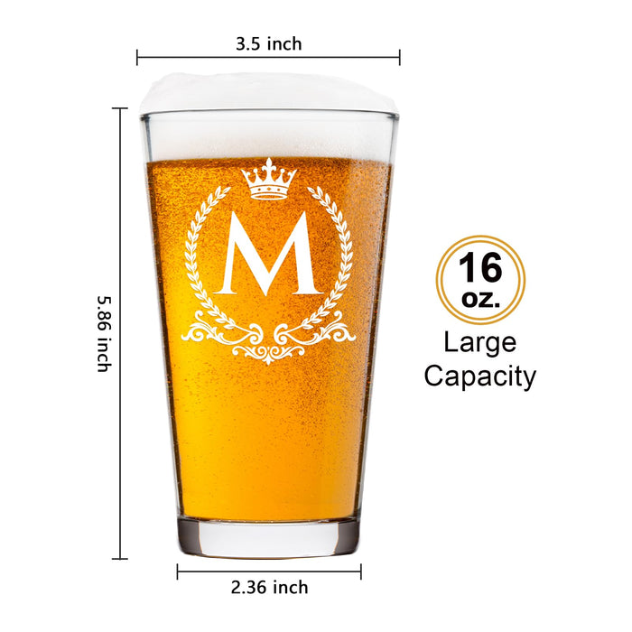 LIGHTEN LIFE Personalized Beer Glass Gifts 16oz with Barrel Box(Letter M)