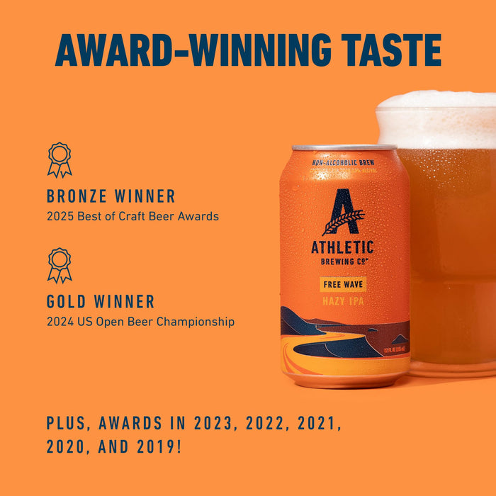 Athletic Brewing Company Craft Non-Alcoholic Beer - 6 Pack x 12 Fl Oz Cans - Free Wave Hazy IPA - Low-Calorie, Award Winning - Loaded with Amarillo, Citra, and Mosaic Hops