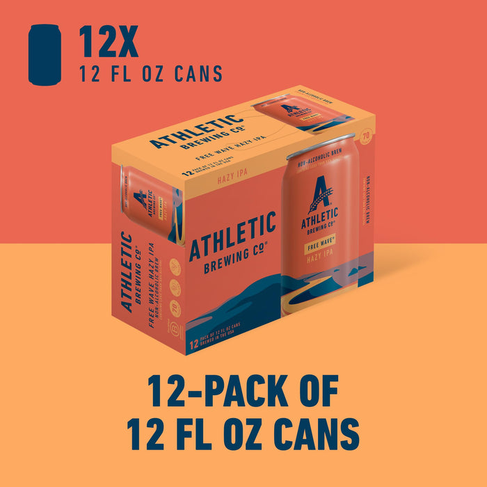 Athletic Brewing Company Craft Non Alcoholic Beer, Low Calorie Hazy IPA, Pair With Salad, Pizza, & Desserts, Vegan Hops Blend With Floral & Citrus Notes, Free Wave, 12 Pack, 12 FL Oz Cans