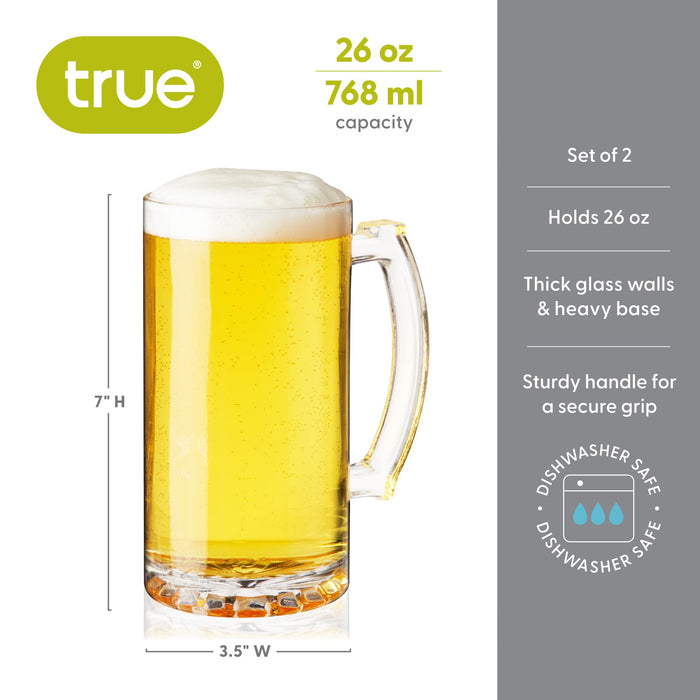 True Beer Glasses, Extra Large Beer Mugs with Handles, Thick Glass Steins for Lagers, Pilsners, Stouts, Root Beer, Birthday Gifts for Men, Game Night, Happy Hour, Home Bar, 26 oz, Set of 2