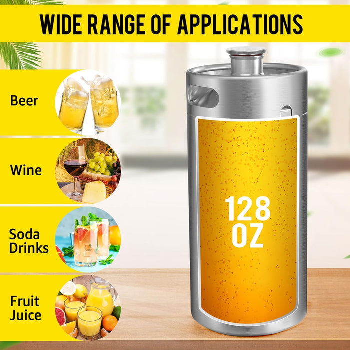 MRbrew 128oz Mini Keg Growler Portable Draft Beer Dispenser System Pressurized Stainless Steel Beer Growler Tap System Home Mini Kegerator, with Professional Beer Tap and CO2 Regulator to Keep Fresh