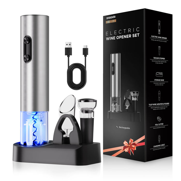 BABONIR 6-in-1 Electric Wine Opener Gift Set, Stainless Steel Automatic Corkscrew with Foil Cutter, Vacuum Stopper, Aerator Pourer and Storage Base, Rechargeable Bottle Opener Gift Kit for Home Party