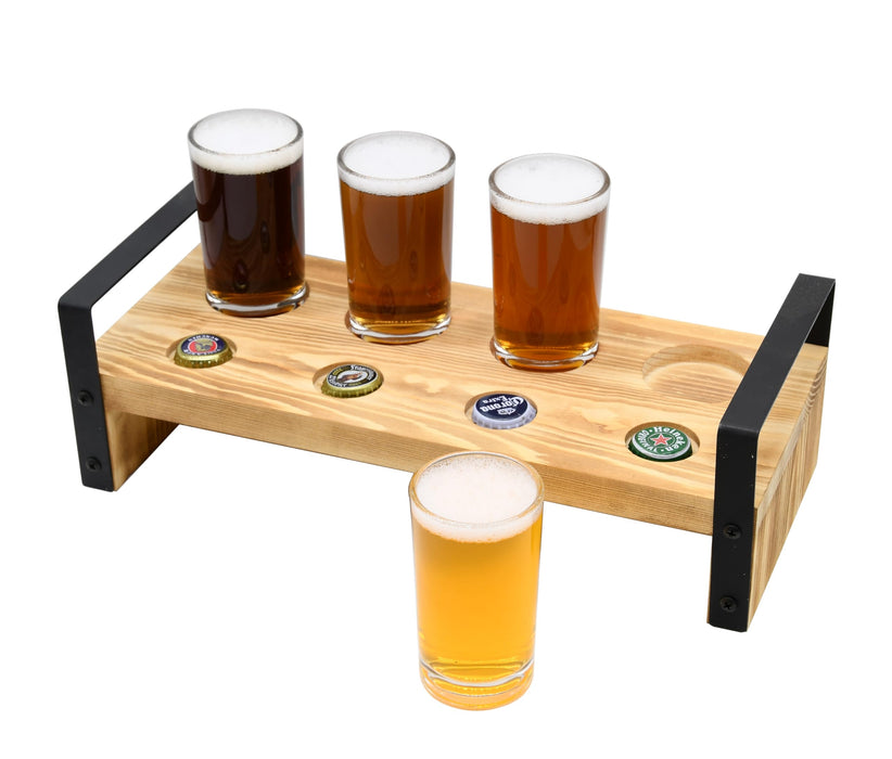 Owlgift Brown Wood Beer Flight Sampler Tray Holder Serving Set w/ 4 Glasses & Bottle Cap Holder & Black Metal Handles, Outdoor Bar Accessory, Drink Stand, Beer Gifts