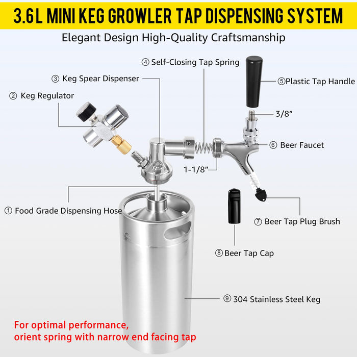MRbrew 128oz Mini Keg Growler Portable Draft Beer Dispenser System Pressurized Stainless Steel Beer Growler Tap System Home Mini Kegerator, with Professional Beer Tap and CO2 Regulator to Keep Fresh