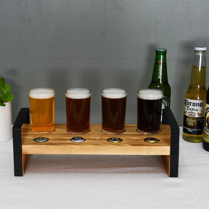 Owlgift Brown Wood Beer Flight Sampler Tray Holder Serving Set w/ 4 Glasses & Bottle Cap Holder & Black Metal Handles, Outdoor Bar Accessory, Drink Stand, Beer Gifts