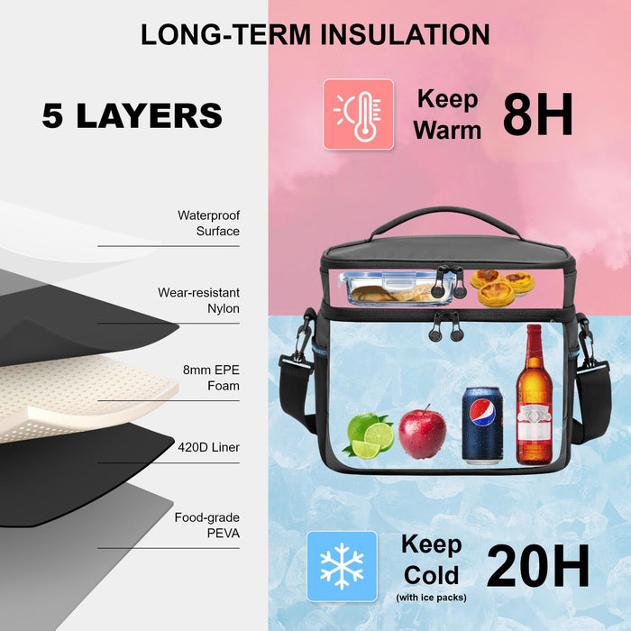 EVERFUN Small Cooler Lunch Box Mini Leak-Proof Soft Double Deck 24 Can Personal Insulated Collapsible Portable Waterproof Lunch Bag Ice Chest for Men Women Work Travel Car Picnic Beach, Black