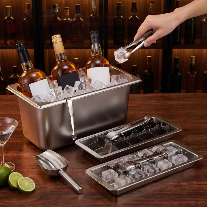 OBreezify 2 Pcs Stainless Steel Ice Cube Tray with Easy Release Levers 1 Metal Ice Bucket 1 Scoop 1 Tong for Freezer Wine Beer Champagne Cocktails Drink Bucket Bin Container Bar Party Picnic