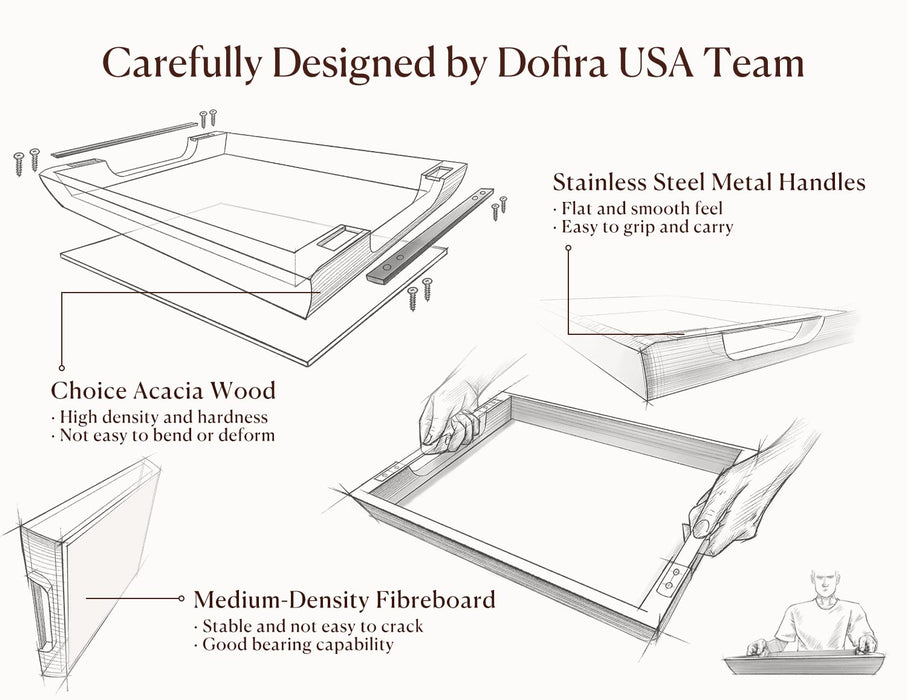 Dofira Acacia Wood Serving Tray with Metal Handles, 17x13in Food Drinks Tray for Coffee Table, Breakfast, Dinner & Bar, Rustic Decorative Storage Tray for Ottoman, Kitchen, Elegent Gift Packaging