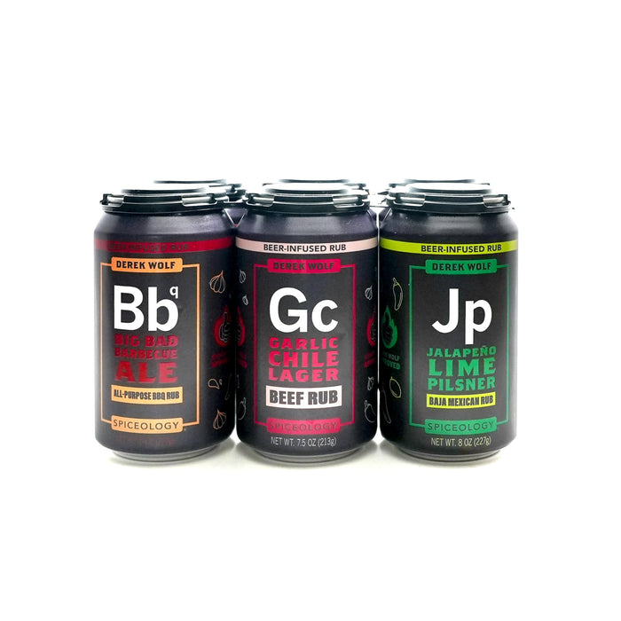 Spiceology - Derek Wolf 6-Pack Beer-Infused BBQ Rub Set - Garlic Chile Lager, Jalapeño Lime Pilsner, Sweet Carolina Blonde, Sticky Bourbon Brown Ale, Big Bad BBQ Ale & Mesquite Peppercorn Lager
