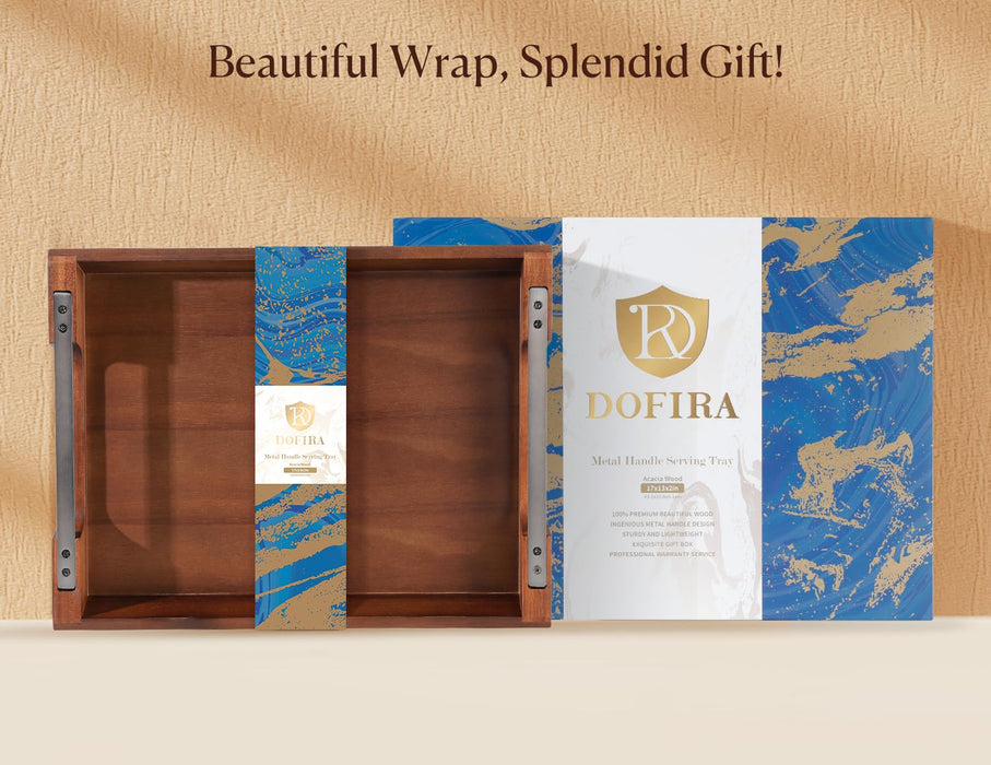 Dofira Acacia Wood Serving Tray with Metal Handles, 17x13in Food Drinks Tray for Coffee Table, Breakfast, Dinner & Bar, Rustic Decorative Storage Tray for Ottoman, Kitchen, Elegent Gift Packaging