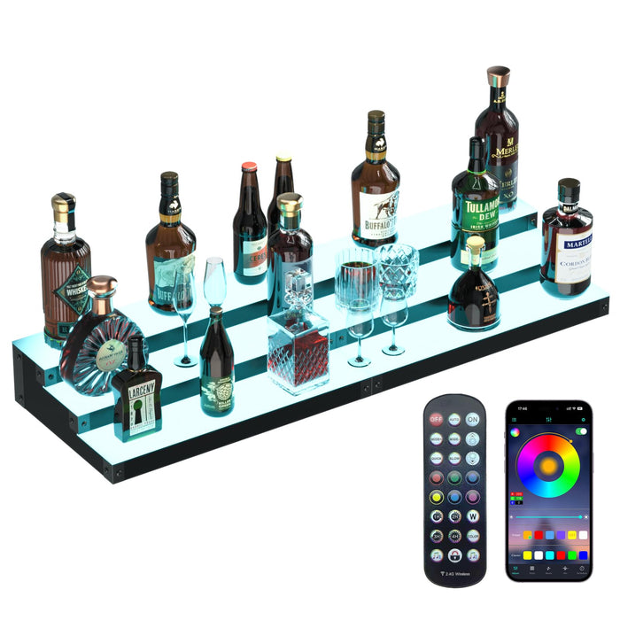 2 Pack LED Lighted Liquor Bottle Display Shelf, Wood Bar Wall Mount, 15.7 Inch, 2 Pack, with RF Remote & App Control (2)