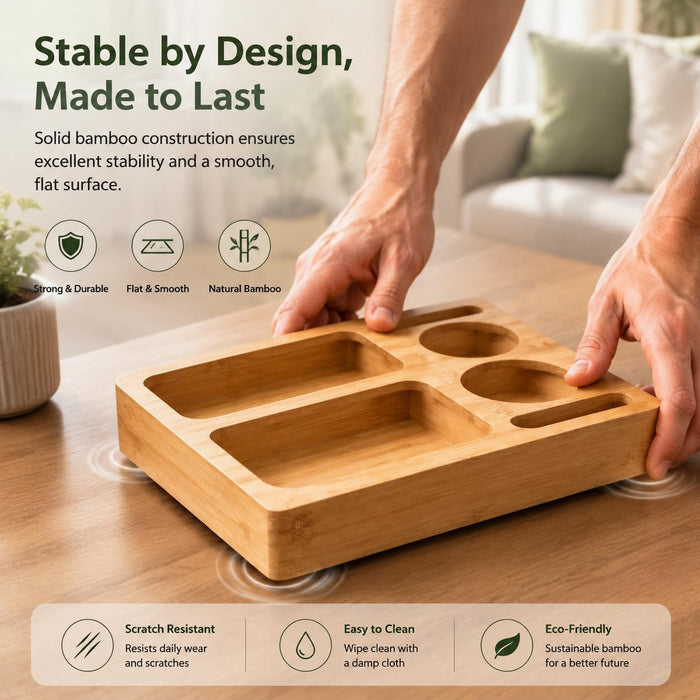 Bamboo Couch Tray with Cup Holders & Phone Slot – Sofa Snack Tray Organizer for Drinks, Snacks, Remote & Phone – Couch Caddy for Movie Night & Gifts for Men, Dad, Husband
