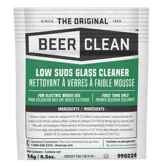 BEER CLEAN Diversey 990224 Low Suds Glass Cleaner for Electric Brushing, Portion Control Bar Glass Washing Powder, Unscented, Packet, 0.5-Ounce (Pack of 100)