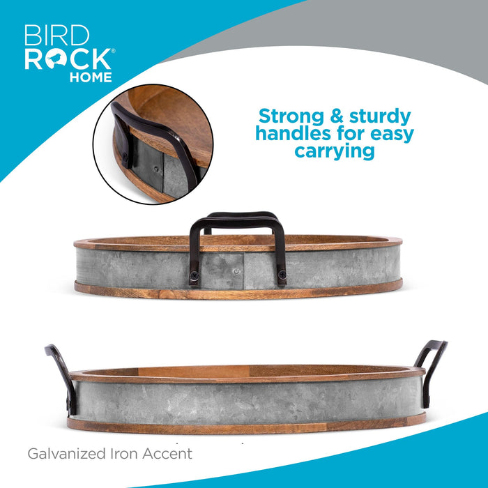 BIRDROCK HOME Round Wood Serving Tray with Handles and Iron Accents, 16”