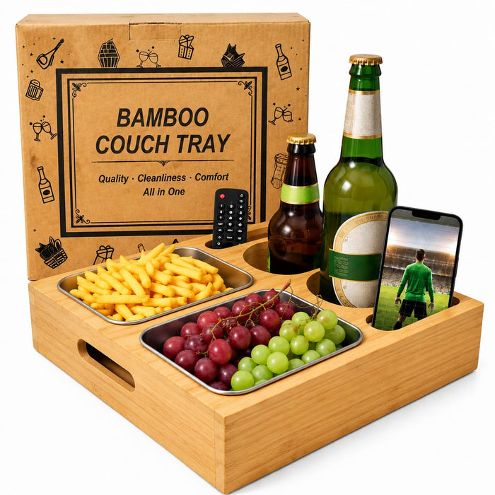 Bamboo Couch Tray with Cup Holders & Phone Slot – Sofa Snack Tray Organizer for Drinks, Snacks, Remote & Phone – Couch Caddy for Movie Night & Gifts for Men, Dad, Husband