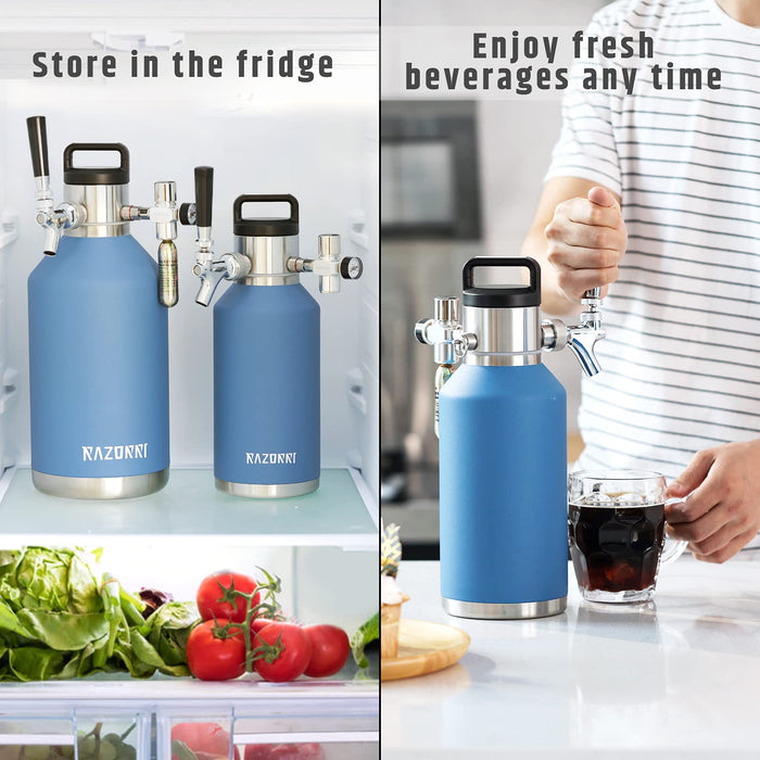 Razorri 128oz Stainless Steel Beer Growler, Double-Wall Vacuum Insulated Carbonated Keg with Professional Bar Tap and Pressurized CO2 Regulator, 1 Gallon, Ocean Blue