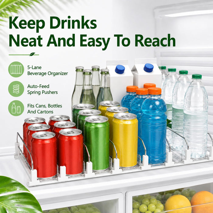 Drink Organizer for Fridge, 5 Row Automatic Pusher Glide, Adjustable Width Soda Can Dispenser for Refrigerator-Holds up to 25 Cans