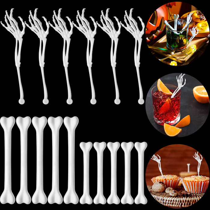 Remerry 48 Pcs Halloween Drink Stirrers Skeleton Swizzle Sticks Skeleton Arms Hands Cocktail Garnish Plastic Cocktail Food Picks for Halloween Bar Horror Party Table Decoration(Arm, Bone,White)