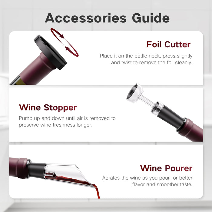 BABONIR 6-in-1 Electric Wine Opener Gift Set, Stainless Steel Automatic Corkscrew with Foil Cutter, Vacuum Stopper, Aerator Pourer and Storage Base, Rechargeable Bottle Opener Gift Kit for Home Party
