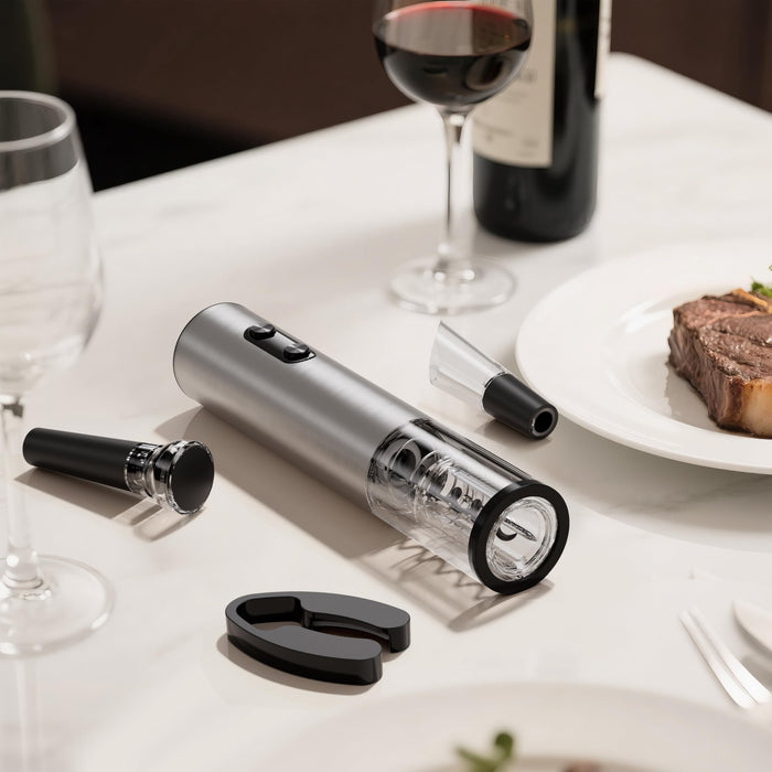 BABONIR 6-in-1 Electric Wine Opener Gift Set, Stainless Steel Automatic Corkscrew with Foil Cutter, Vacuum Stopper, Aerator Pourer and Storage Base, Rechargeable Bottle Opener Gift Kit for Home Party