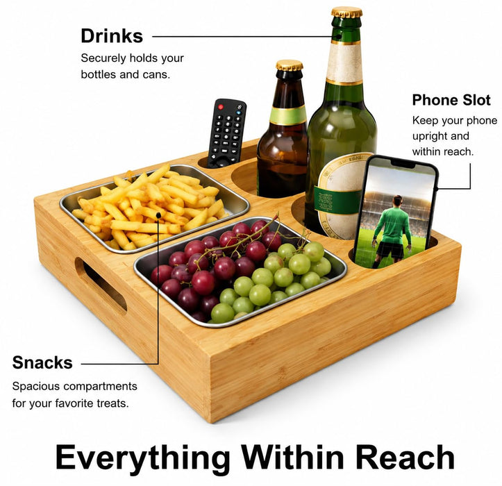 Bamboo Couch Tray with Cup Holders & Phone Slot – Sofa Snack Tray Organizer for Drinks, Snacks, Remote & Phone – Couch Caddy for Movie Night & Gifts for Men, Dad, Husband