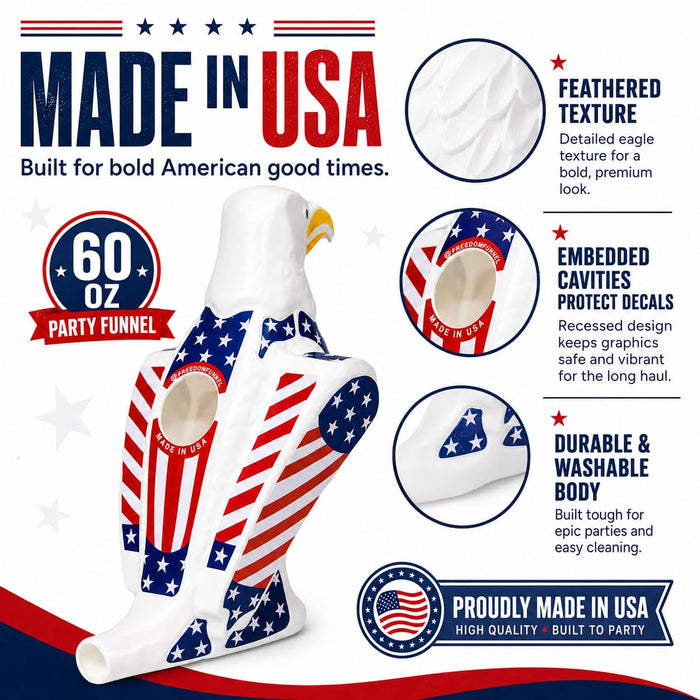 Freedom Funnel – Patriotic Eagle Beer Funnel with American Flag Design – 60oz Capacity and Smooth, Fast Pour – Made in USA – Durable, Washable Plastic – Patriotic Party Starter