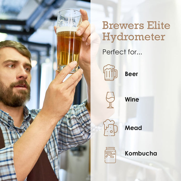 Brewer's Elite Hydrometer - for Home Brew Beer, Wine, Mead and Kombucha - Deluxe Triple Scale Set, Hardcase and Cloth - Specific Gravity ABV Tester (Hydrometer & Glass Test Jar Kit)
