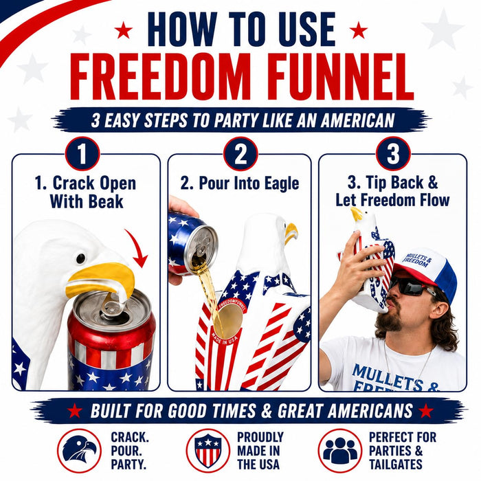 Freedom Funnel – Patriotic Eagle Beer Funnel with American Flag Design – 60oz Capacity and Smooth, Fast Pour – Made in USA – Durable, Washable Plastic – Patriotic Party Starter