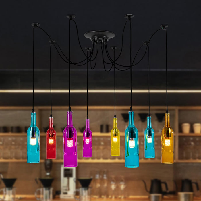 Colorful Beer Bottle Chandelier, 8 Heads Glass and Metal Suspension Device Ceiling Glass Ceiling Light Fixture, ‎Indoor Ceiling Mount Beer Bottle Chandelier for Bars, Restaurants, Living Rooms