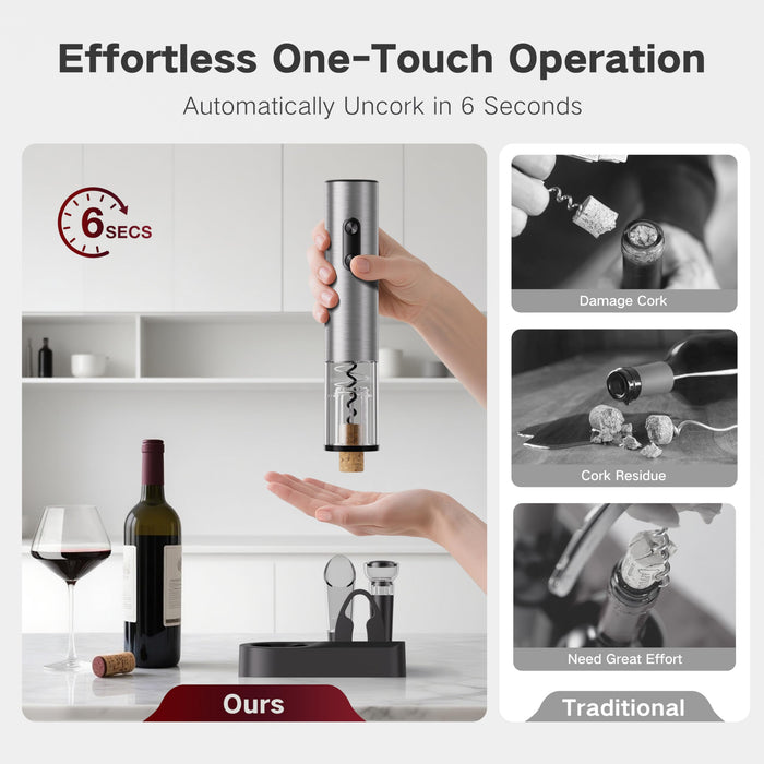 BABONIR 6-in-1 Electric Wine Opener Gift Set, Stainless Steel Automatic Corkscrew with Foil Cutter, Vacuum Stopper, Aerator Pourer and Storage Base, Rechargeable Bottle Opener Gift Kit for Home Party