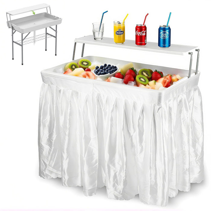 LHBcraft Folding Party Ice Cooler Table with Extra Storage Shelf, Portable Tailgate Camp Fishing Cleaning Table, Ice Cooler with Removable Skirt & Drain Hose, Cooler for Camping, Picnic,BBQ, White