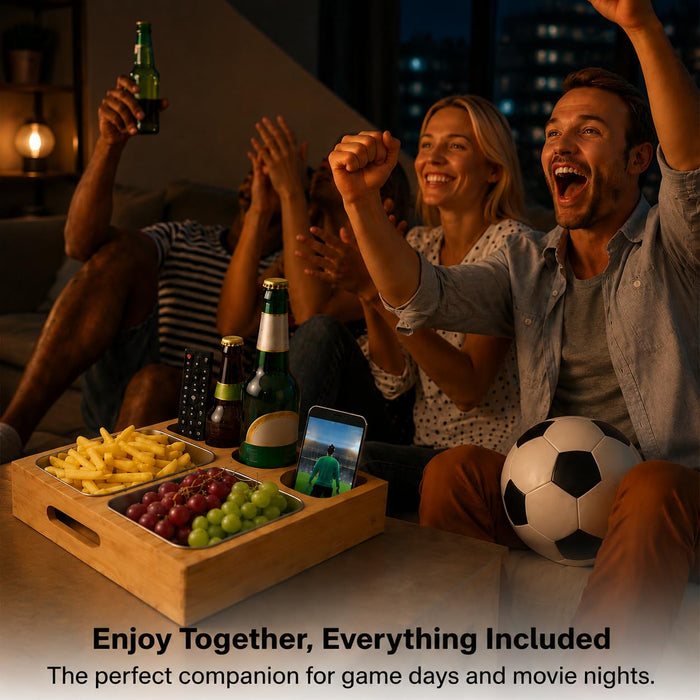 Bamboo Couch Tray with Cup Holders & Phone Slot – Sofa Snack Tray Organizer for Drinks, Snacks, Remote & Phone – Couch Caddy for Movie Night & Gifts for Men, Dad, Husband