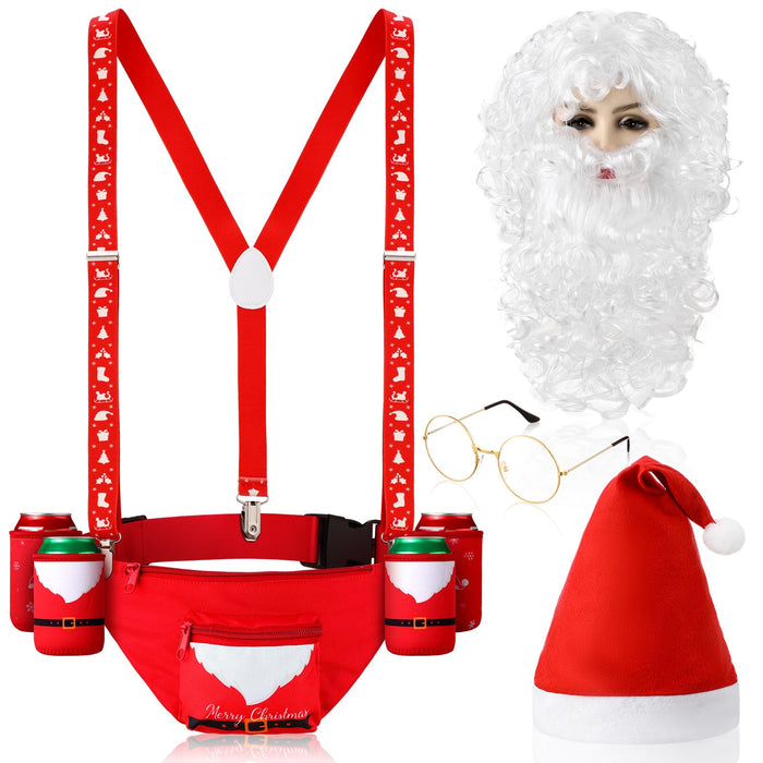 Suhine 9 Pcs Santa Costume Accessory Christmas Set with Fanny Pack, Drink Holder Suspender, Glasses, Xmas Hat, Deluxe Long White Beard Wig for Men Women Cosplay Dress up Props