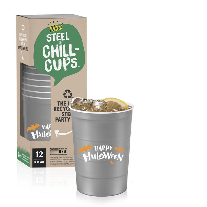 Steel Chill Cups 16 oz. Reusable Party Cups, Happy Halloween, 12 Count