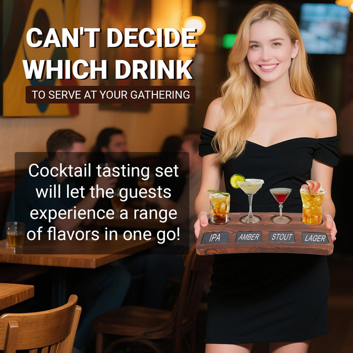 QVEEQ Beer Flight Boards, Drink Flight Boards, Brown Wood Drink Flight Board and Chalkboard Labels for Beer Lover and Bartender(Excluding Wine Glasses,2 Boards)